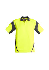 Men's Hi-Vis Aztec Polo in yellow/charcoal, short sleeves, lightweight, moisture-wicking, ideal for outdoor and food industry work.