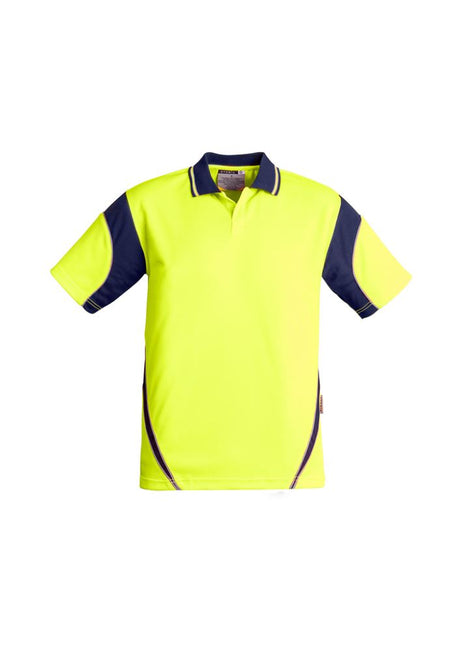 Men's short sleeve Hi-Vis Aztec polo in yellow and navy, moisture-wicking, breathable, and safety compliant for workwear.