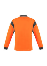 High-visibility orange and charcoal long-sleeve polo for men, ideal for work in the food industry with moisture-wicking fabric.