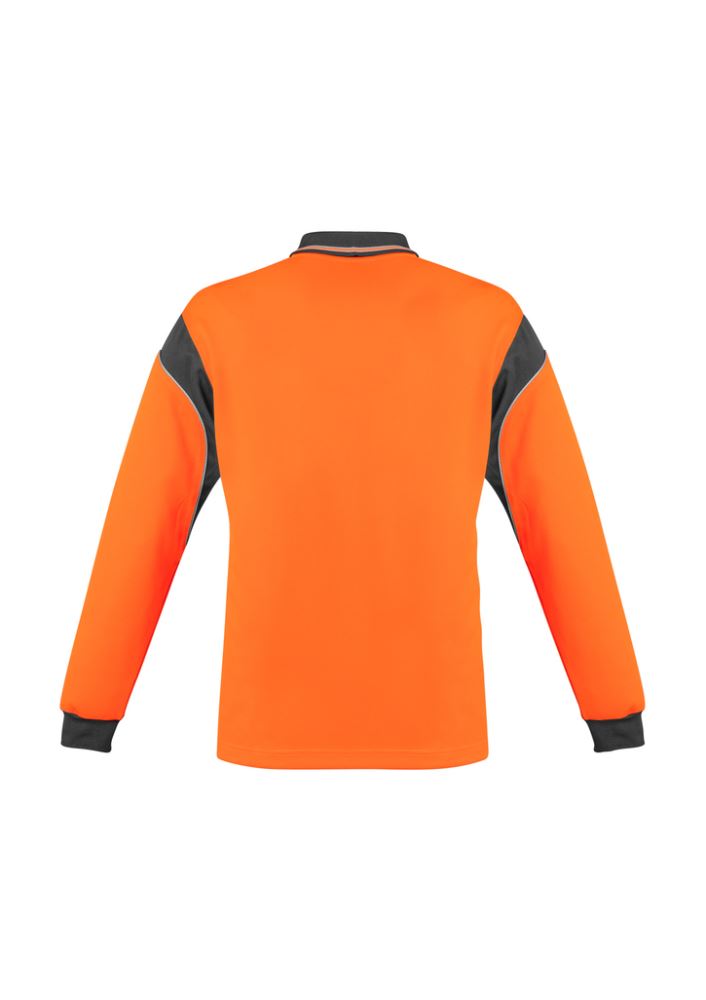 Men's Hi-Vis Aztec Long Sleeve Polo in orange/charcoal, made of breathable microfibre polyester, ideal for work and safety.