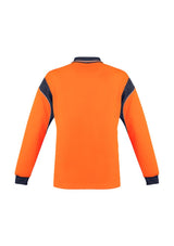 Hi-Vis Aztec Polo in orange and navy, featuring moisture-wicking fabric, breathable design, and button-free placket for safety.