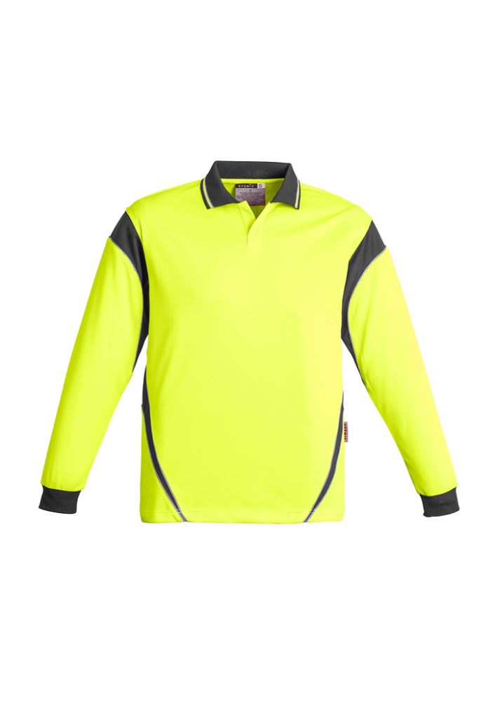Men's Hi-Vis Aztec long sleeve polo in orange and charcoal, designed for safety, comfort, and moisture-wicking performance.