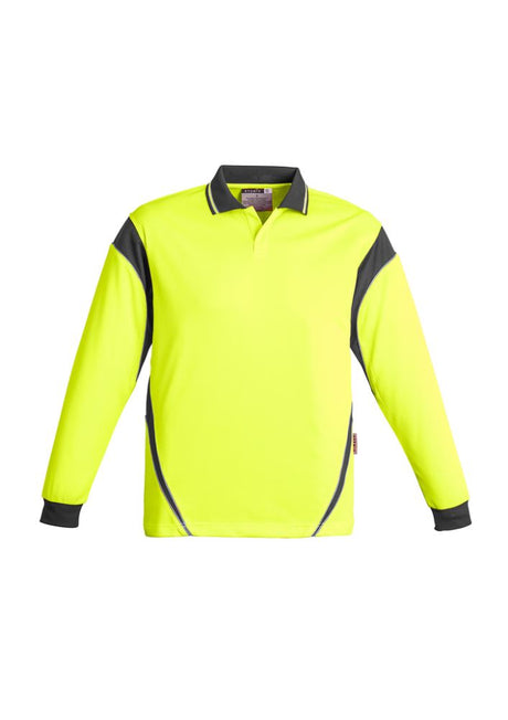 Men's Hi-Vis Aztec Polo in Yellow/Charcoal, long sleeve, moisture-wicking, breathable, safe for food industry, with pocket.