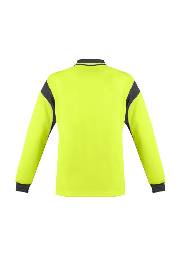 Hi-Vis Aztec Long Sleeve Polo in Yellow/Charcoal, moisture-wicking, breathable, button-free placket, ideal for safety at work.