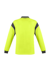 Men's Hi-Vis Aztec Polo in yellow and charcoal, featuring moisture-wicking, breathable fabric, and a food-safe no-button placket.