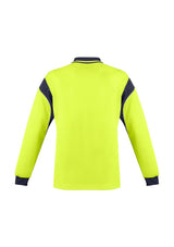 Mens Hi-Vis Aztec Long Sleeve Polo in yellow and navy, moisture-wicking, breathable, with food-safe design and storage pocket.