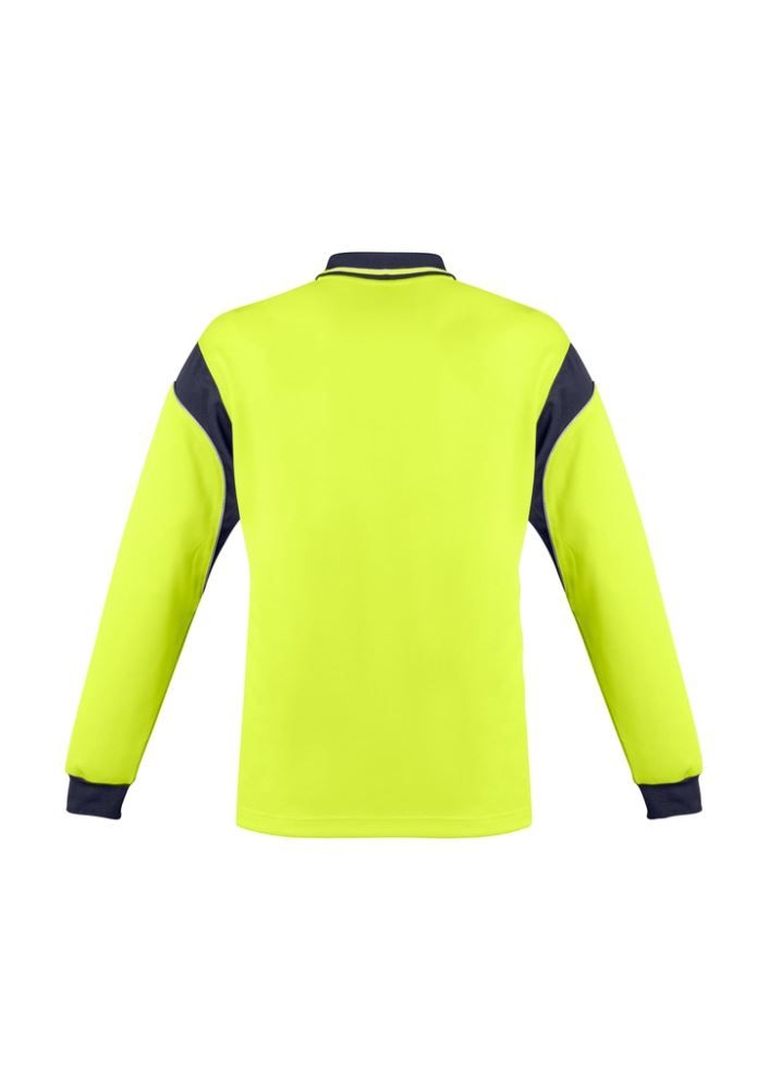High-visibility yellow and navy long sleeve polo for men, featuring moisture-wicking fabric and food industry-safe design.