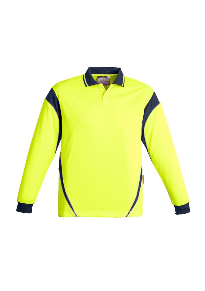 Syzmik Men's Hi-Vis Aztec Long Sleeve Polo in Yellow and Navy, designed for visibility, comfort, and safety in various jobs.