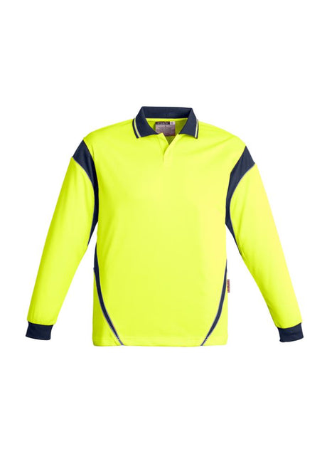 High-visibility yellow and navy long sleeve polo shirt for men, size 7XL, engineered for comfort and outdoor work.