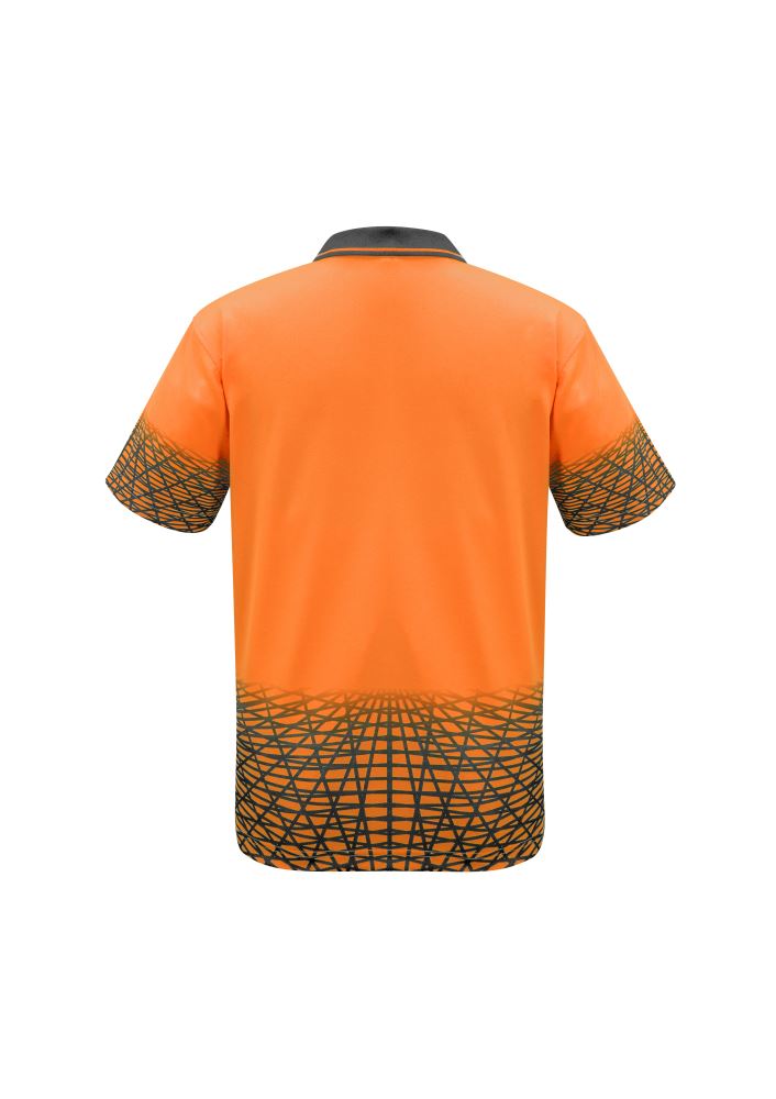 Mens Tracks Polo in vibrant orange and charcoal, featuring breathable fabric, moisture-wicking, and a zip chest pocket.