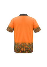 Men's Tracks Polo in vibrant orange and charcoal, 100% polyester, moisture-wicking, with bonded zip pocket, ideal for activewear.