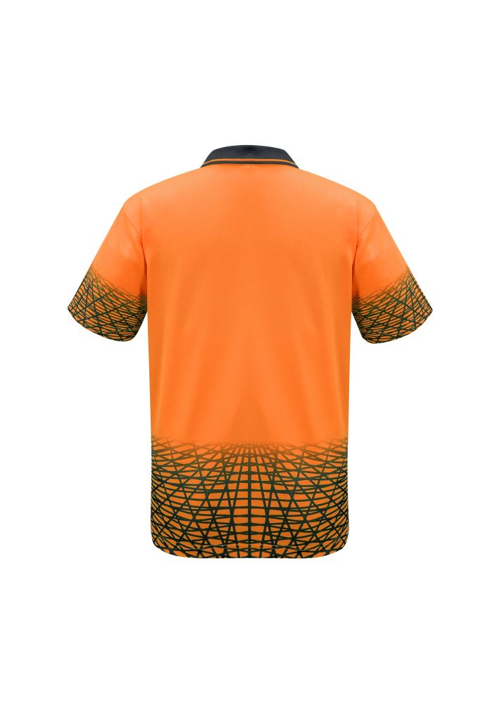 Men's Tracks Polo in Orange and Navy, featuring breathable polyester and zip pocket, ideal for casual or work wear.
