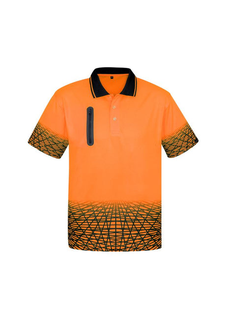 Men's orange and navy polo shirt with moisture-wicking fabric, quick-dry features, and a bonded zip chest pocket.
