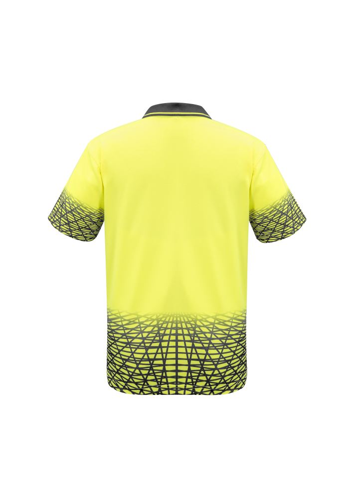 Men's Tracks Polo in Yellow Charcoal, made from moisture-wicking polyester, featuring a stylish design and bonded zip pocket.