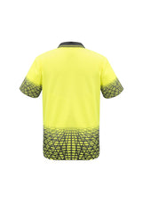 Men's Tracks Polo in Yellow Charcoal, made from moisture-wicking polyester, featuring a stylish design and bonded zip pocket.