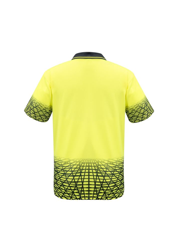 Men's yellow and navy polo shirt featuring moisture-wicking fabric, quick-dry performance, and a zip chest pocket for convenience.