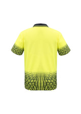 Men's yellow and navy polo shirt featuring moisture-wicking fabric, quick-dry performance, and a zip chest pocket for convenience.