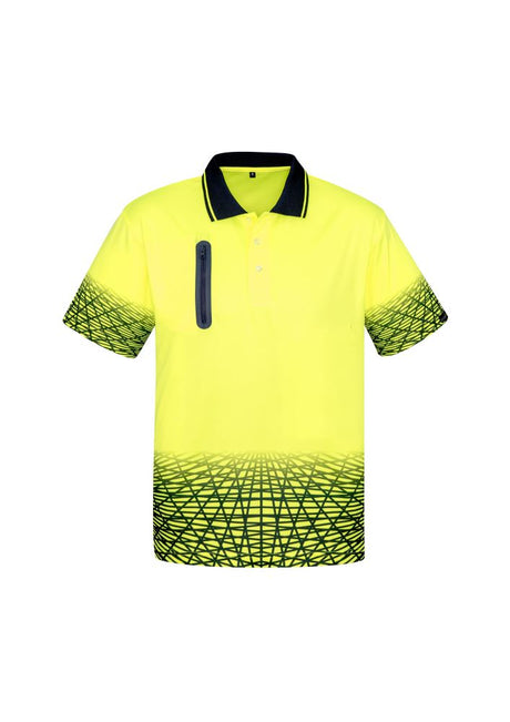 Men's yellow and navy polo shirt with moisture-wicking fabric, bonded zip pocket, and contemporary design from Syzmik.