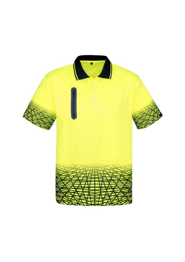 Yellow and navy Syzmik men's tracks polo in 4XL, featuring moisture-wicking fabric and a bonded zip chest pocket.