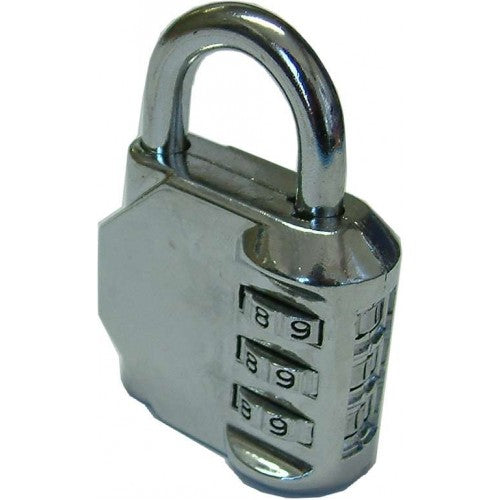 Compact chrome-plated 40mm combination padlock for secure storage, recodable for convenience without keys.