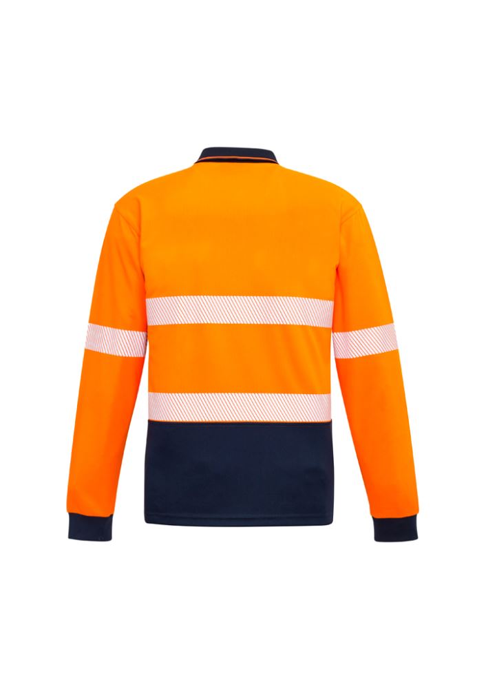 Unisex Hi-Vis segmented long sleeve polo in orange and navy, featuring moisture-wicking fabric and a chest pocket.