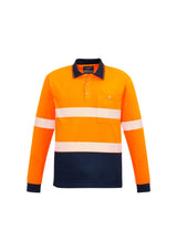 Unisex Hi-Vis segmented long sleeve polo in orange and navy with moisture-wicking, durable fabric and chest pocket.