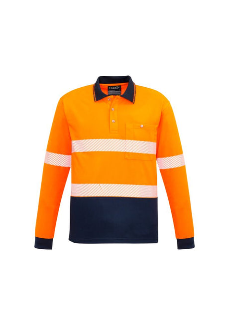 Unisex hi-vis orange and navy long-sleeve polo with segmented tape, chest pocket, and moisture-wicking fabric for comfort.