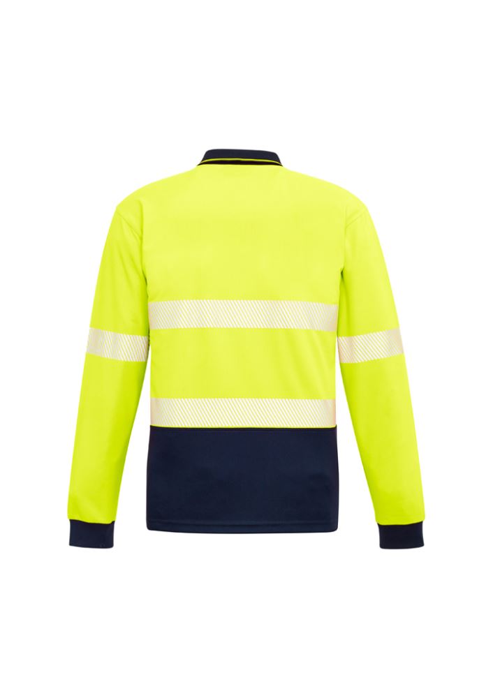 Unisex high-visibility yellow/navy long sleeve polo with segmented tape, moisture-wicking, breathable, and practical chest pocket.