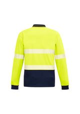 Unisex high-visibility yellow/navy long sleeve polo with segmented tape, moisture-wicking, breathable, and practical chest pocket.