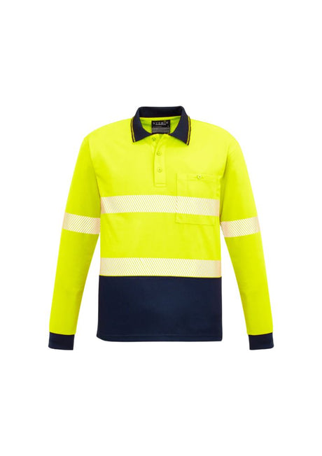 Unisex Hi-Vis segmented long sleeve polo in yellow and navy, featuring moisture-wicking fabric, chest pocket, and 7XL size.