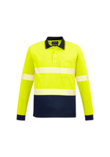Hi-Vis segmented long sleeve polo in yellow and navy, featuring moisture-wicking fabric, chest pocket, and flexible design.
