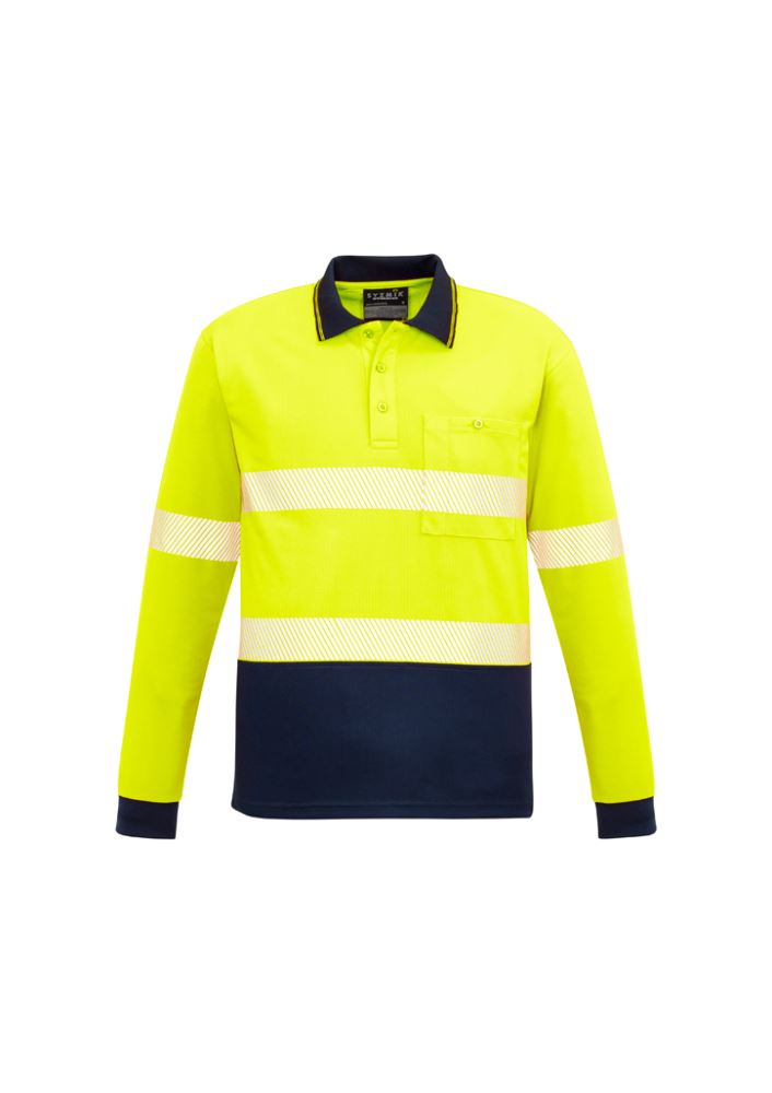 Unisex Hi-Vis Segmented Long Sleeve Polo in Yellow/Navy with moisture-wicking, breathable fabric and chest pocket for convenience.