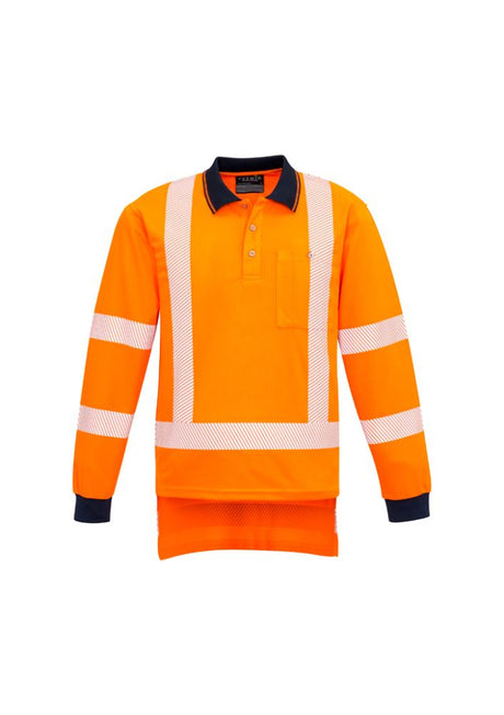 Long-sleeve orange and navy polo by Syzmik, featuring segmented tape, chest pocket, and breathable, quick-drying fabric.