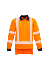 Men's long sleeve polo in orange and navy, made from breathable polyester with segmented tape and a chest pocket.