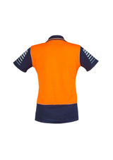 Women's Hi-Vis Zone Polo in orange and navy, featuring moisture-wicking fabric, reflective piping, and a modern sleeve print design.