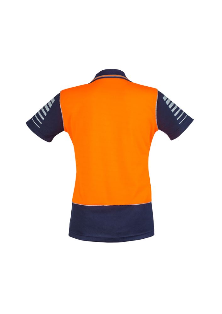 Women's Hi-Vis Zone Polo in orange/navy with moisture-wicking, breathable fabric and 3M reflective details for safety.