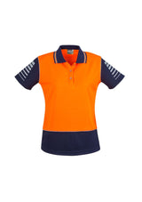 Women's Hi-Vis Zone Polo in Orange and Navy featuring moisture-wicking fabric and 3M™ reflective piping for safety.