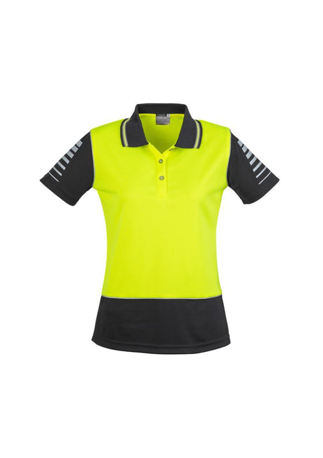 Women's Hi-Vis Zone Polo in Yellow and Black, lightweight, moisture-wicking with reflective details for safety and style.