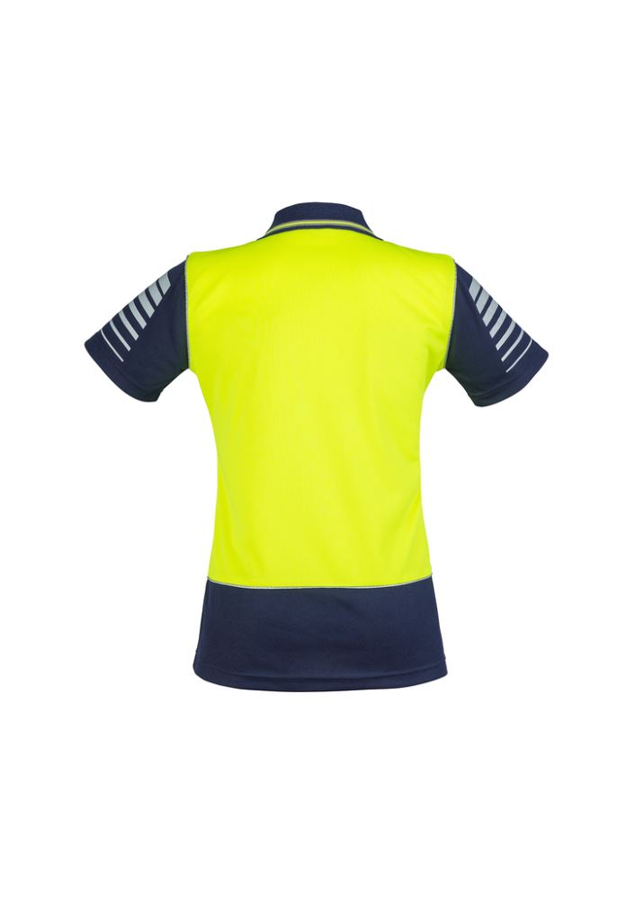 Women's Hi-Vis Zone Polo in yellow and navy, featuring moisture-wicking fabric, breathable design, and 3M reflective piping.