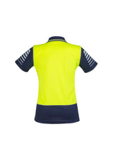 Women's Hi-Vis Zone Polo in yellow and navy, featuring moisture-wicking fabric, breathable design, and 3M reflective piping.