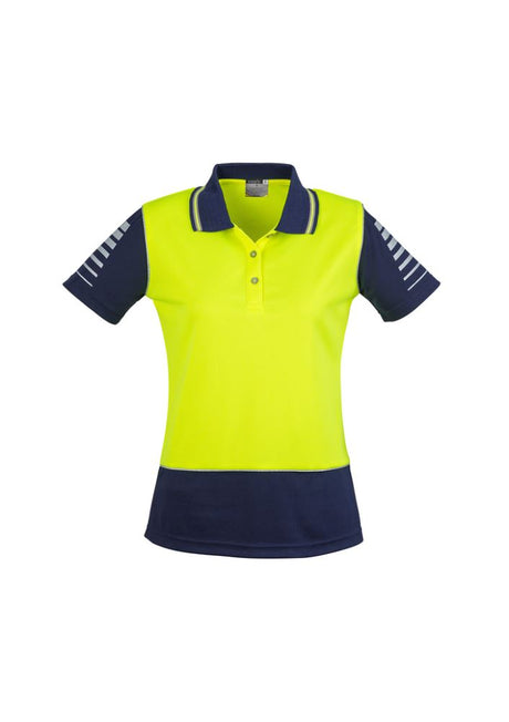 Stylish yellow and navy women's polo with moisture-wicking fabric and 3M reflective piping for high visibility at work.