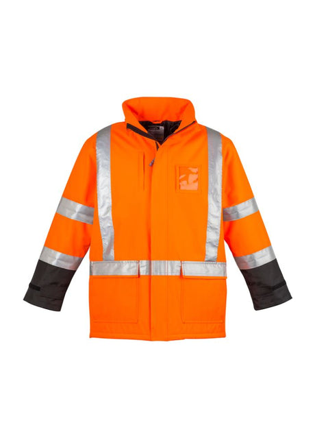 Men's orange waterproof storm jacket with quilted lining, reflective tape, and adjustable cuffs for outdoor protection.