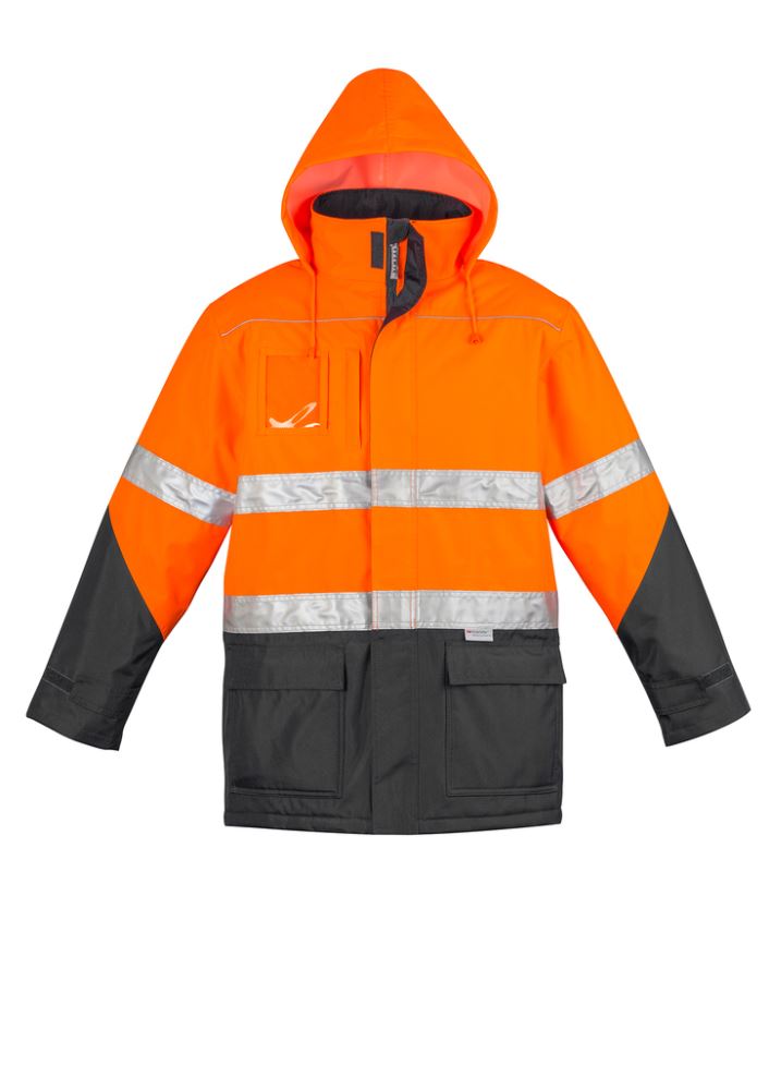 Men's Hi-Vis Storm Jacket in orange and black, waterproof, with reflective tape, quilt lining, and adjustable cuffs for safety and comfort.