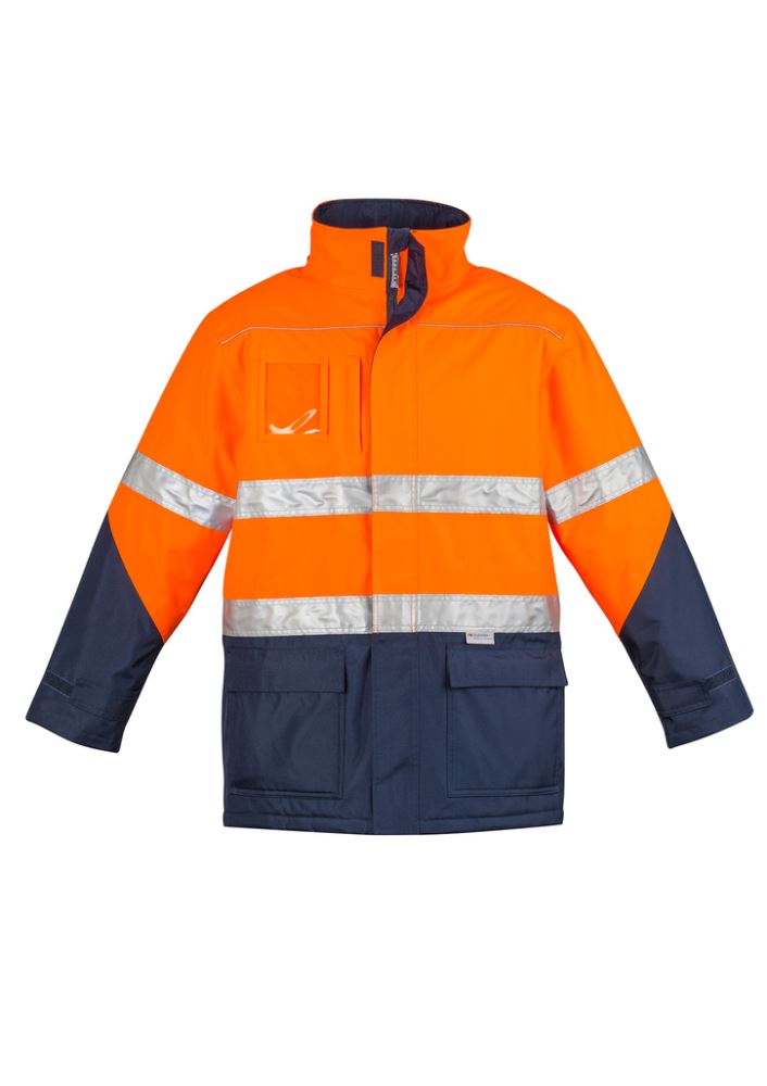 Hi-Vis orange and navy storm jacket with waterproof design, reflective tape, and multiple secure pockets for outdoor safety.