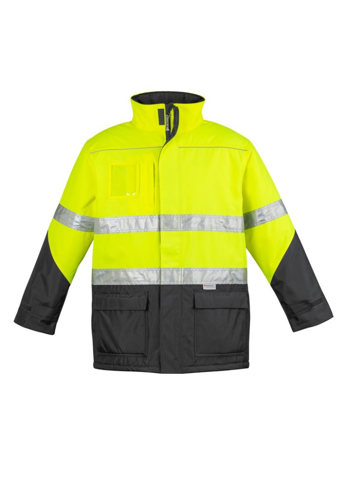 Hi-Vis Storm Jacket in yellow and navy, 2XL, featuring waterproof fabric, reflective tape, and quilt lining for warmth.