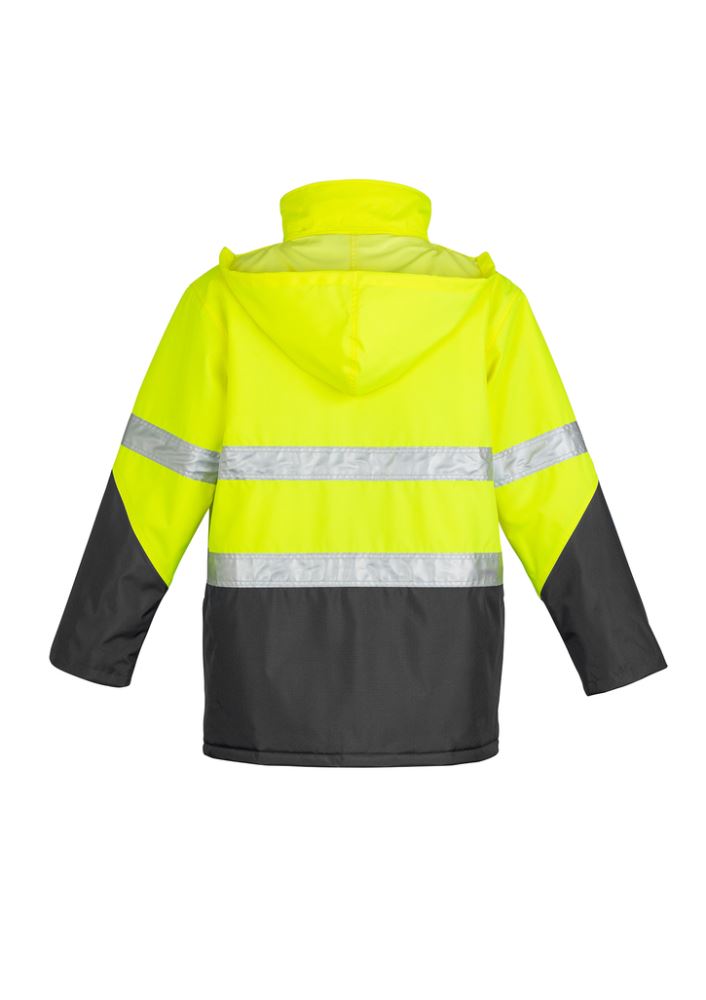 Hi-Vis yellow and black storm jacket for men, waterproof, quilt-lined, with reflective tape and multiple pockets for safety and comfort.