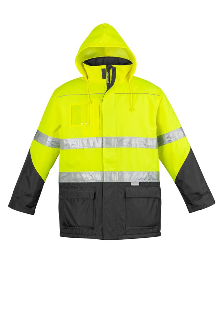 Men's Hi-Vis Storm Jacket in yellow and black, waterproof, quilt-lined with pockets, ideal for outdoor safety and comfort.