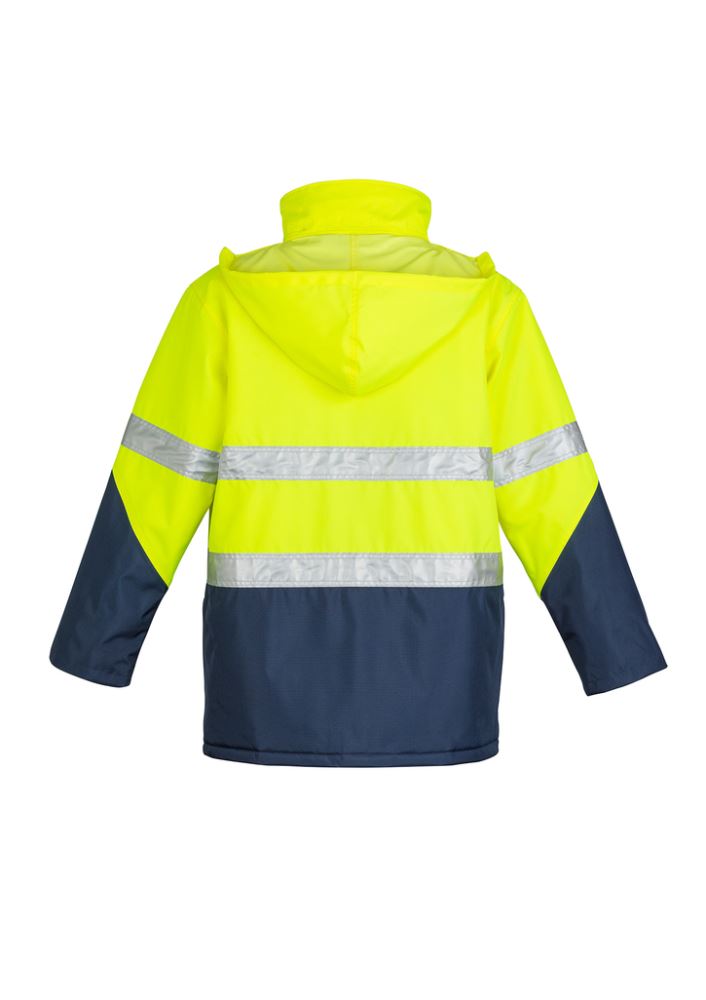 Men's Hi-Vis Storm Jacket in yellow/navy, waterproof, quilt-lined, with reflective tape and adjustable cuffs for safety and comfort.