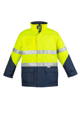 Men's Hi-Vis Storm Jacket in yellow and navy, featuring waterproof material, reflective tape, and practical pocket design.
