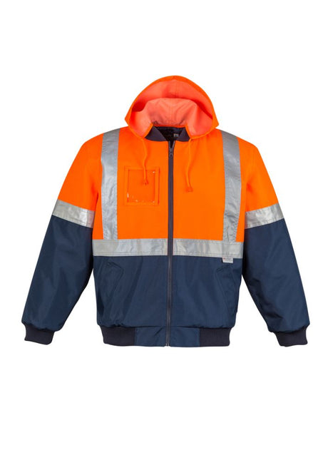 Mens Hi-Vis Quilted Flying Jacket in orange and navy, featuring waterproof construction and reflective tape for safety.